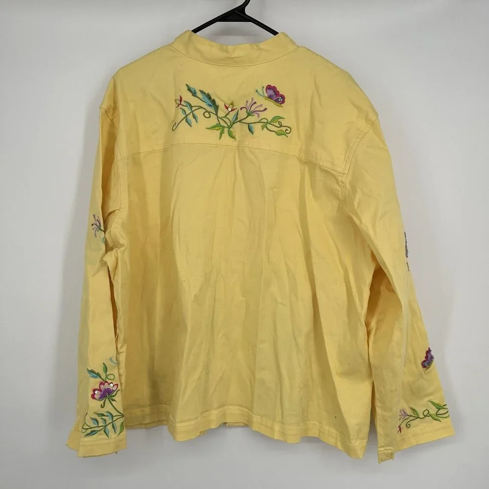 Quacker Factory Yellow Zip‎ Up Jacket Embroidered Butterfly Garden Size 3X